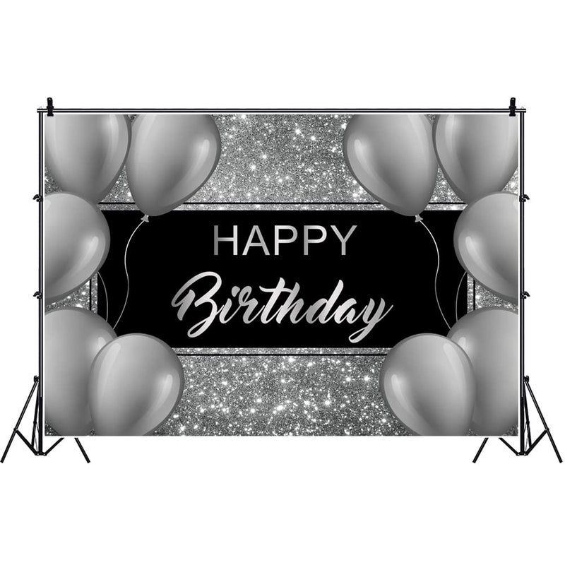 Laeacco Happy Birthday Backdrop 7x5ft Black and Silver Glitter Birthday Backdrops for Men Grey Balloons Birthday Party Decoration Cake Table Banner Supplies Child Kid Baby Woman Birthday Photo Studio - Image 2